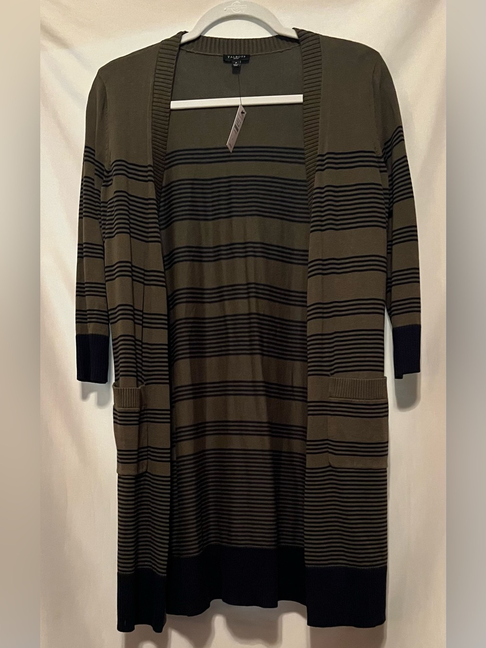 NWT Talbots Olive & Black Striped Open Cardigan Sweater 💯% Pima Cotton